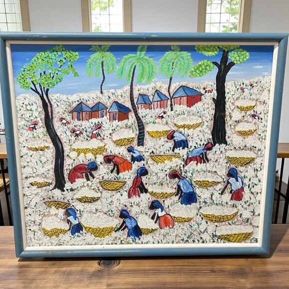 Unbranded Other - Vintage Haitian folk art harvest scene textured painting frame 23x27 Caribbean